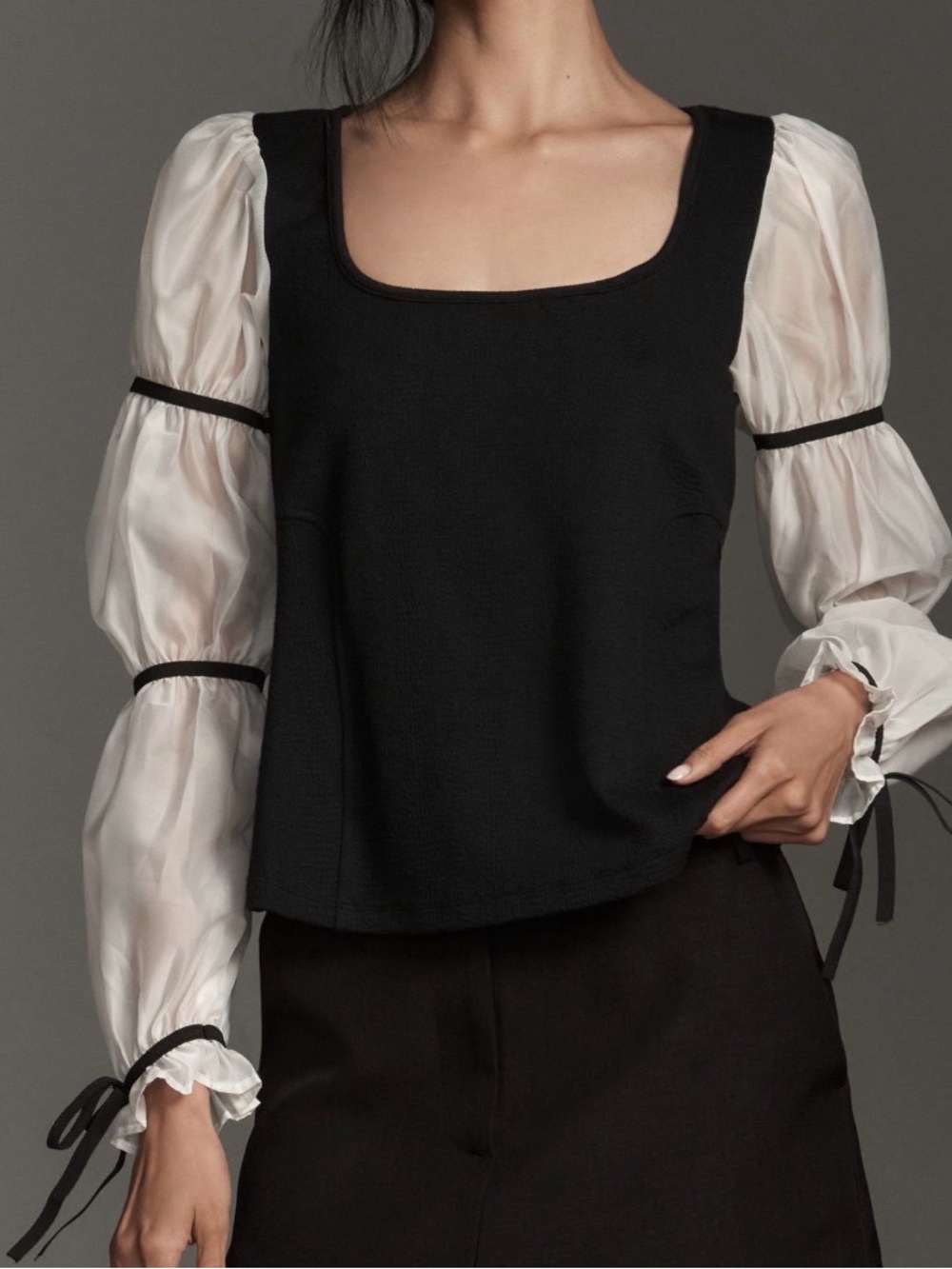 NWT: Anthropologie Balloon Sleeve  Black Square-Neck Top Size S